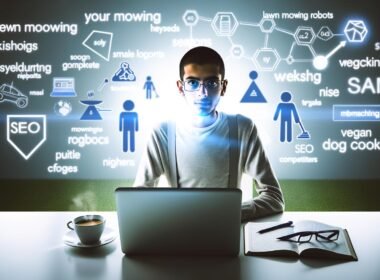 Motiviertes Titelbild: Junger Blogger am Laptop mit digitalen Mindmap-Elementen, Nischen-Symbolen und Webseiten-Silhouetten als Konkurrenten im Hintergrund.
