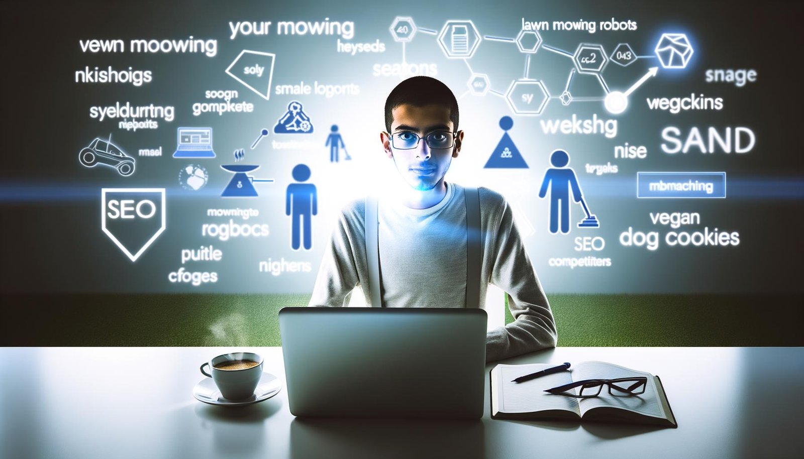 Motiviertes Titelbild: Junger Blogger am Laptop mit digitalen Mindmap-Elementen, Nischen-Symbolen und Webseiten-Silhouetten als Konkurrenten im Hintergrund.