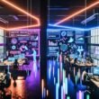 Futuristisches Großraumbüro mit Kreativteams, die an digitalen Geräten, Monitoren mit Datenströmen und Whiteboards in Neonfarben arbeiten; leuchtende Linien und Hologramme im Raum.