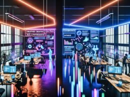 Futuristisches Großraumbüro mit Kreativteams, die an digitalen Geräten, Monitoren mit Datenströmen und Whiteboards in Neonfarben arbeiten; leuchtende Linien und Hologramme im Raum.