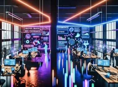 Futuristisches Großraumbüro mit Kreativteams, die an digitalen Geräten, Monitoren mit Datenströmen und Whiteboards in Neonfarben arbeiten; leuchtende Linien und Hologramme im Raum.