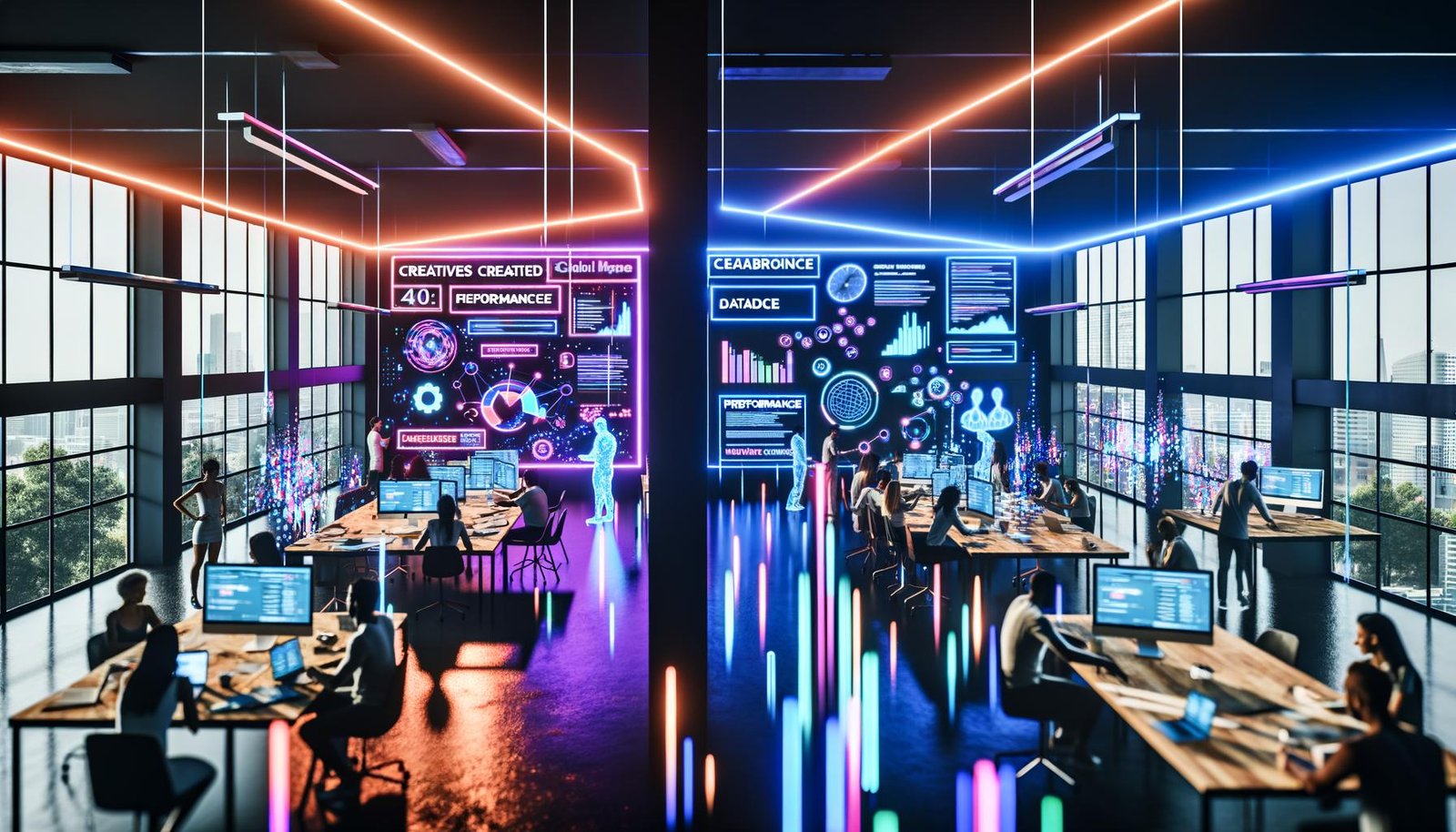 Futuristisches Großraumbüro mit Kreativteams, die an digitalen Geräten, Monitoren mit Datenströmen und Whiteboards in Neonfarben arbeiten; leuchtende Linien und Hologramme im Raum.