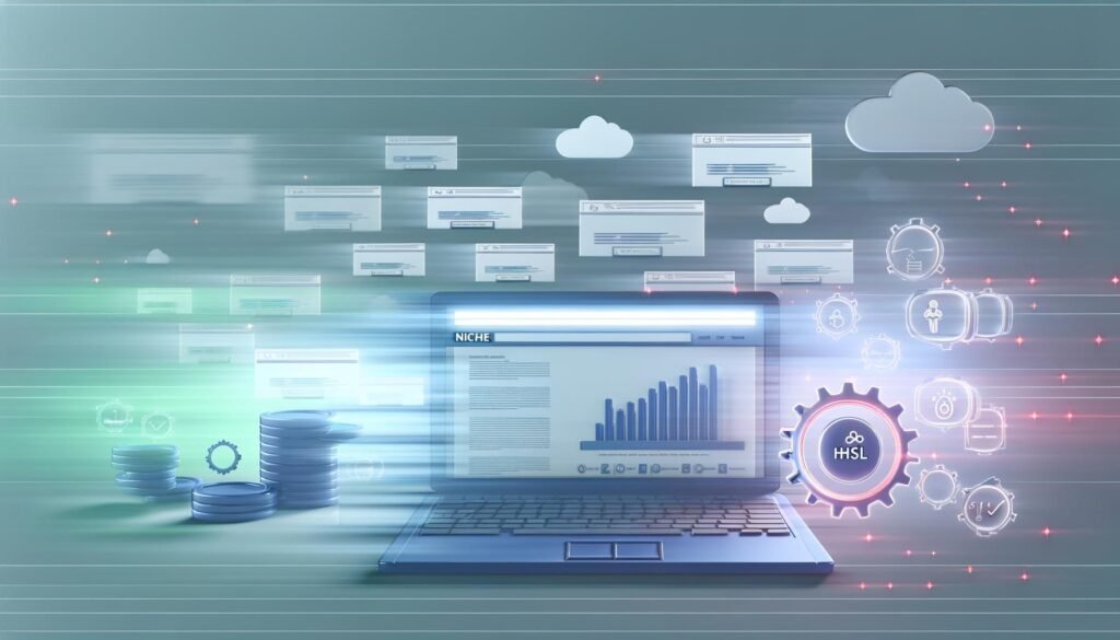 Dynamische Illustration eines Laptops mit Dashboard für professionelle Nischenblogs, umgeben von Server-, Zahnrad- und HTTPS-Symbolen, im Technikstil mit verblassenden generischen Blogs im Hintergrund.