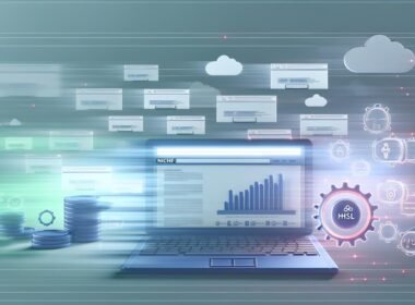 Dynamische Illustration eines Laptops mit Dashboard für professionelle Nischenblogs, umgeben von Server-, Zahnrad- und HTTPS-Symbolen, im Technikstil mit verblassenden generischen Blogs im Hintergrund.