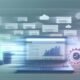 Dynamische Illustration eines Laptops mit Dashboard für professionelle Nischenblogs, umgeben von Server-, Zahnrad- und HTTPS-Symbolen, im Technikstil mit verblassenden generischen Blogs im Hintergrund.