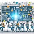 Illustration eines modernen Kreativ-Teams in offenem, technisch ausgestatteten Workspace mit digitalen Whiteboards, Kanban-Boards, Dashboards, KI-Elementen und Netzwerkstruktur.