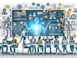 Illustration eines modernen Kreativ-Teams in offenem, technisch ausgestatteten Workspace mit digitalen Whiteboards, Kanban-Boards, Dashboards, KI-Elementen und Netzwerkstruktur.
