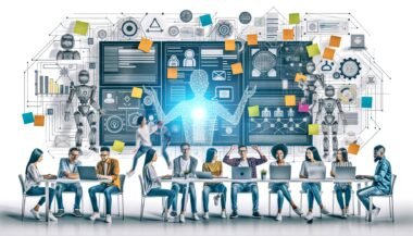 Illustration eines modernen Kreativ-Teams in offenem, technisch ausgestatteten Workspace mit digitalen Whiteboards, Kanban-Boards, Dashboards, KI-Elementen und Netzwerkstruktur.