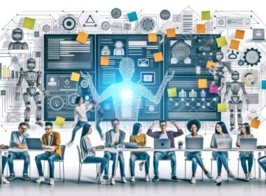 Illustration eines modernen Kreativ-Teams in offenem, technisch ausgestatteten Workspace mit digitalen Whiteboards, Kanban-Boards, Dashboards, KI-Elementen und Netzwerkstruktur.