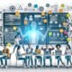 Illustration eines modernen Kreativ-Teams in offenem, technisch ausgestatteten Workspace mit digitalen Whiteboards, Kanban-Boards, Dashboards, KI-Elementen und Netzwerkstruktur.