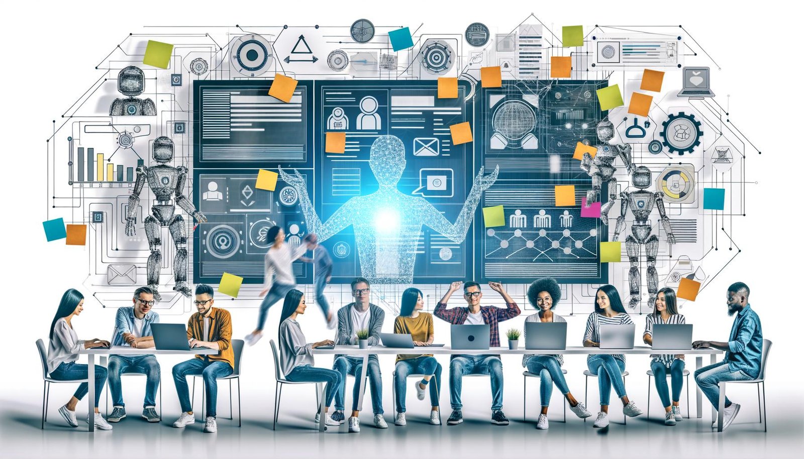 Illustration eines modernen Kreativ-Teams in offenem, technisch ausgestatteten Workspace mit digitalen Whiteboards, Kanban-Boards, Dashboards, KI-Elementen und Netzwerkstruktur.