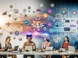 Vielfältiges Team arbeitet vor Laptops, digitalen Whiteboards mit KI-Mindmaps, API-Integrationen und schwebenden AR-Grafiken in einem visionären, vernetzten Workspace