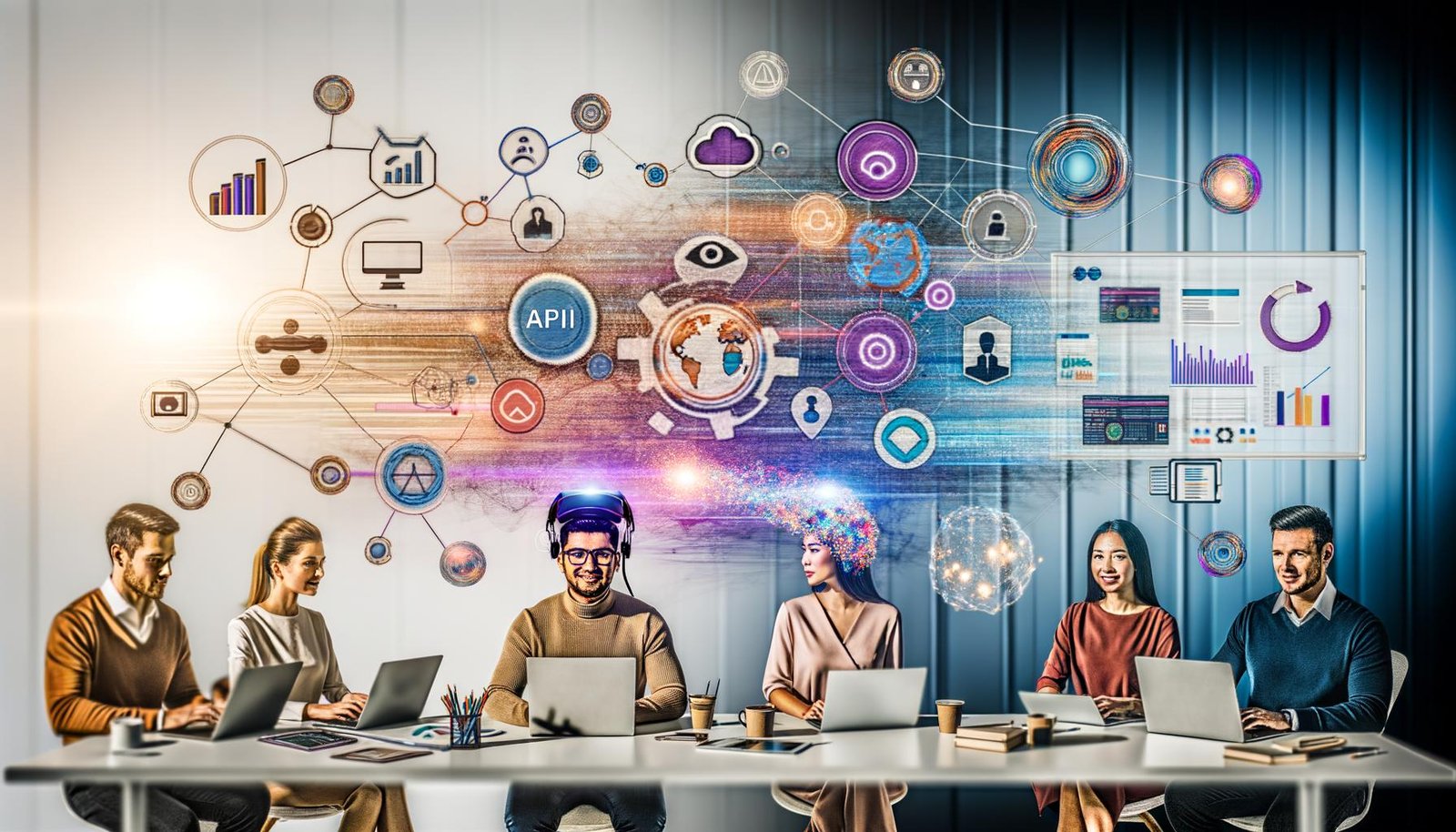 Vielfältiges Team arbeitet vor Laptops, digitalen Whiteboards mit KI-Mindmaps, API-Integrationen und schwebenden AR-Grafiken in einem visionären, vernetzten Workspace