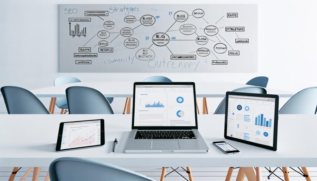 Moderner, minimalistischer Schreibtisch mit mehreren Geräten, geöffneten Blogmetriken-Dashboards und Whiteboard voller SEO-Strategien im Hintergrund.