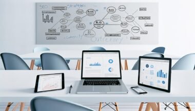 Moderner, minimalistischer Schreibtisch mit mehreren Geräten, geöffneten Blogmetriken-Dashboards und Whiteboard voller SEO-Strategien im Hintergrund.