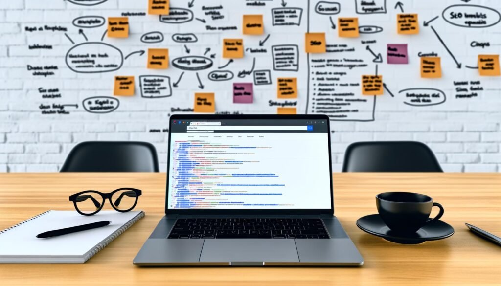 Laptop mit geöffneten SEO-Tools Ahrefs und SEMrush, Notizzettel, Diagramme, schwarzer Kaffee und inspirierende Wand voller Post-Its für eine ambitionierte Online-Marketing-Strategie.