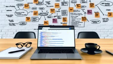 Laptop mit geöffneten SEO-Tools Ahrefs und SEMrush, Notizzettel, Diagramme, schwarzer Kaffee und inspirierende Wand voller Post-Its für eine ambitionierte Online-Marketing-Strategie.