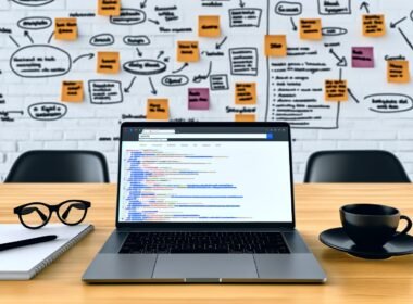 Laptop mit geöffneten SEO-Tools Ahrefs und SEMrush, Notizzettel, Diagramme, schwarzer Kaffee und inspirierende Wand voller Post-Its für eine ambitionierte Online-Marketing-Strategie.