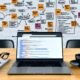 Laptop mit geöffneten SEO-Tools Ahrefs und SEMrush, Notizzettel, Diagramme, schwarzer Kaffee und inspirierende Wand voller Post-Its für eine ambitionierte Online-Marketing-Strategie.