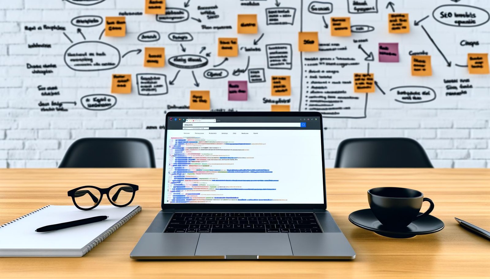 Laptop mit geöffneten SEO-Tools Ahrefs und SEMrush, Notizzettel, Diagramme, schwarzer Kaffee und inspirierende Wand voller Post-Its für eine ambitionierte Online-Marketing-Strategie.
