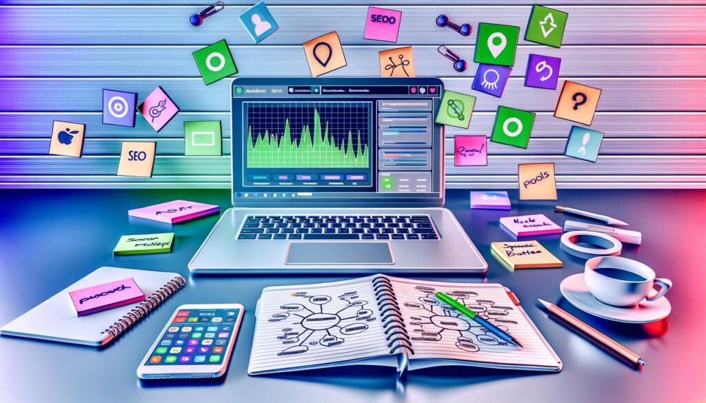 Moderner, ordentlicher Schreibtisch mit offenem Laptop, SEO-Analyse-Software, Notizbüchern, Smartphone mit Social Media, Post-its mit Toolnamen sowie digitalen Icons für Analytics, Security und Automatisierung in hellen Farben.