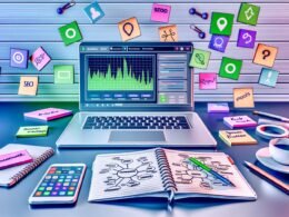 Moderner, ordentlicher Schreibtisch mit offenem Laptop, SEO-Analyse-Software, Notizbüchern, Smartphone mit Social Media, Post-its mit Toolnamen sowie digitalen Icons für Analytics, Security und Automatisierung in hellen Farben.