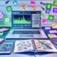 Moderner, ordentlicher Schreibtisch mit offenem Laptop, SEO-Analyse-Software, Notizbüchern, Smartphone mit Social Media, Post-its mit Toolnamen sowie digitalen Icons für Analytics, Security und Automatisierung in hellen Farben.
