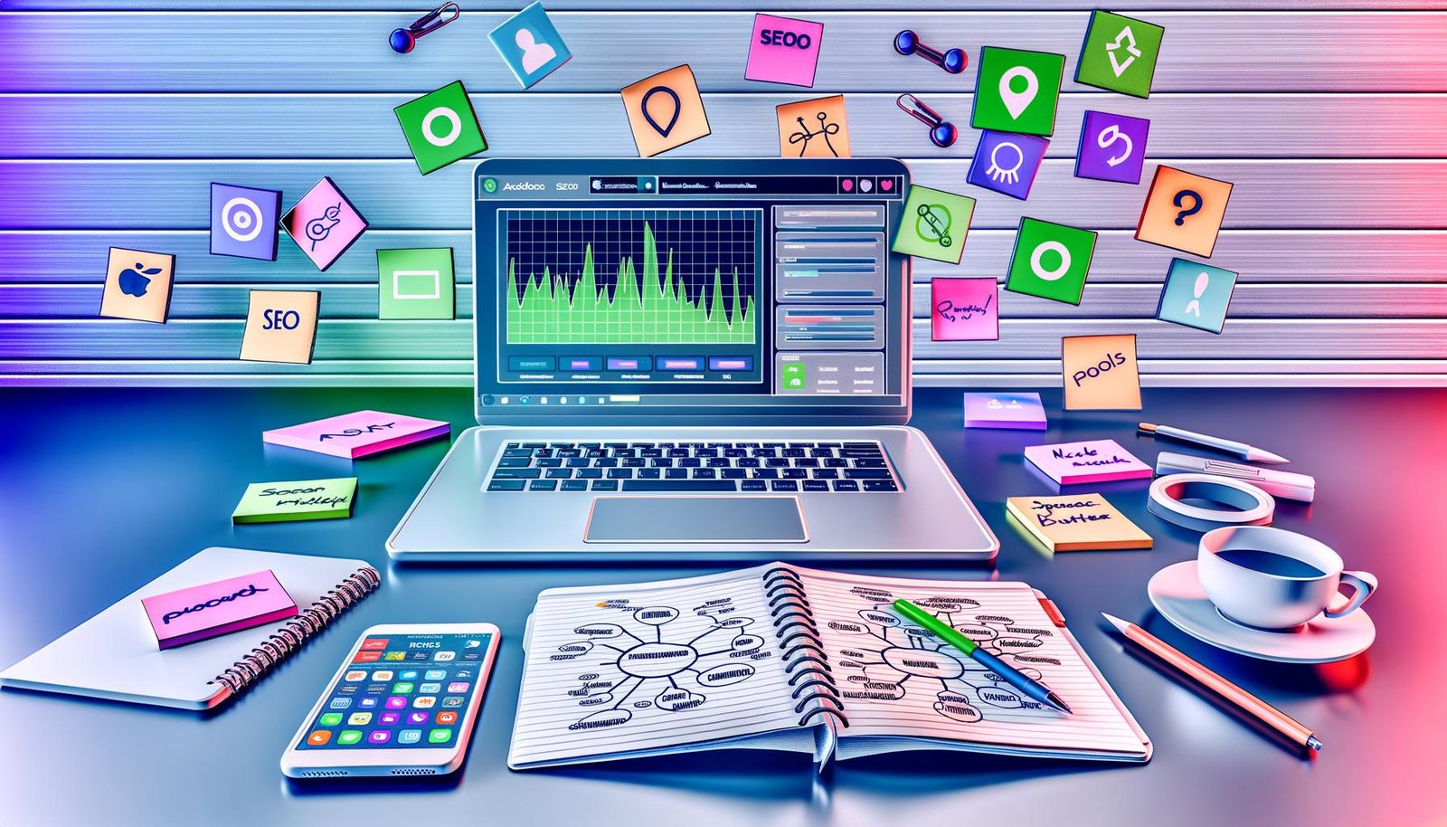Moderner, ordentlicher Schreibtisch mit offenem Laptop, SEO-Analyse-Software, Notizbüchern, Smartphone mit Social Media, Post-its mit Toolnamen sowie digitalen Icons für Analytics, Security und Automatisierung in hellen Farben.