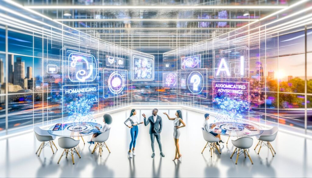 Futuristisches Büro: Diverse Marketingprofis analysieren KI-basierte Werbekampagnen an transparenten Displays mit holografischen Datenströmen und modernen Geräten.