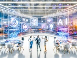 Futuristisches Büro: Diverse Marketingprofis analysieren KI-basierte Werbekampagnen an transparenten Displays mit holografischen Datenströmen und modernen Geräten.