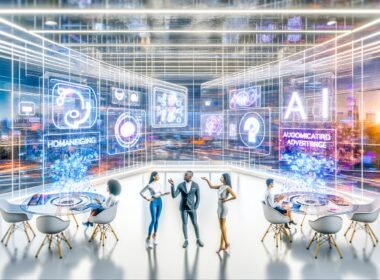 Futuristisches Büro: Diverse Marketingprofis analysieren KI-basierte Werbekampagnen an transparenten Displays mit holografischen Datenströmen und modernen Geräten.