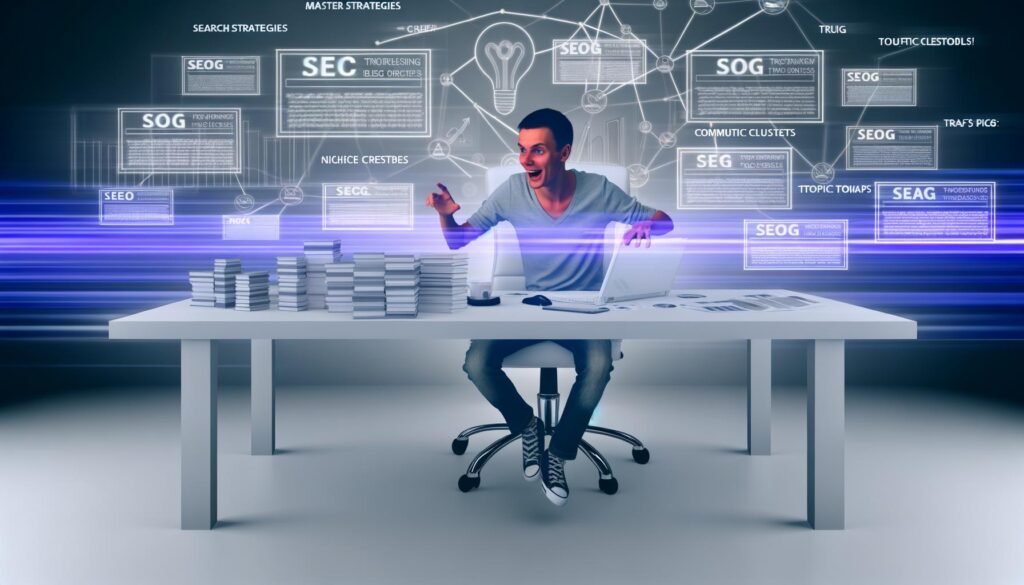 Illustration eines professionellen Bloggers im modernen Workspace, bei der Analyse von SEO-Daten, Traffic-Statistiken und Topic-Clustern, mit Visualisierung mehrerer Traffic-Quellen im Hintergrund.