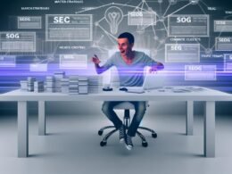Illustration eines professionellen Bloggers im modernen Workspace, bei der Analyse von SEO-Daten, Traffic-Statistiken und Topic-Clustern, mit Visualisierung mehrerer Traffic-Quellen im Hintergrund.