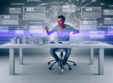 Illustration eines professionellen Bloggers im modernen Workspace, bei der Analyse von SEO-Daten, Traffic-Statistiken und Topic-Clustern, mit Visualisierung mehrerer Traffic-Quellen im Hintergrund.