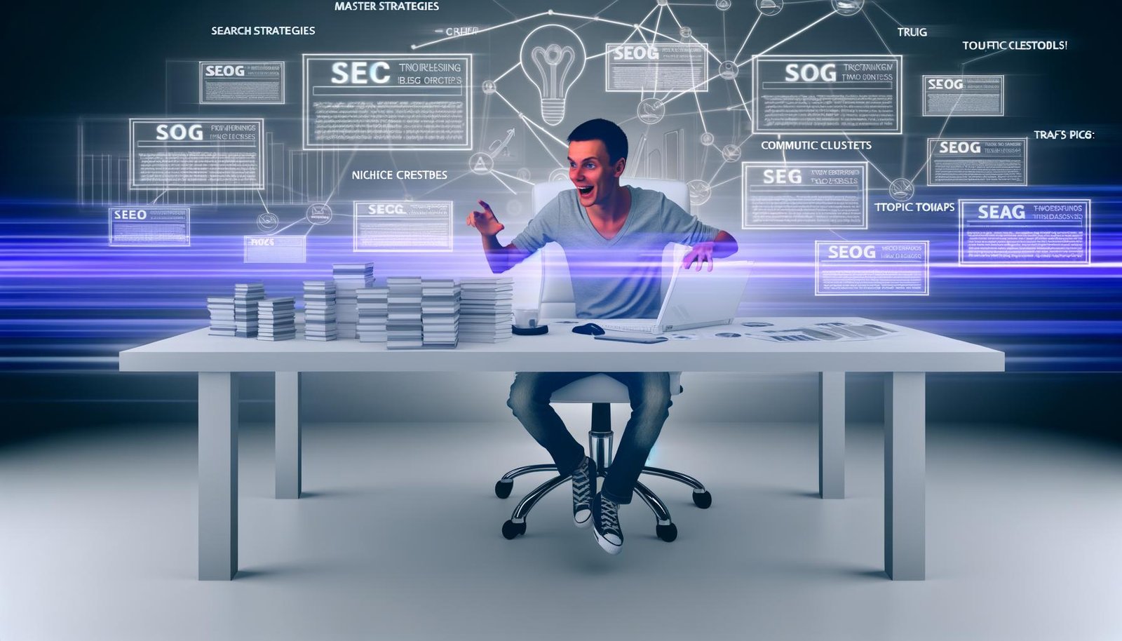 Illustration eines professionellen Bloggers im modernen Workspace, bei der Analyse von SEO-Daten, Traffic-Statistiken und Topic-Clustern, mit Visualisierung mehrerer Traffic-Quellen im Hintergrund.