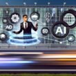 Marketer mit Tablet in einer minimalistisch gestalteten Matrix-Stadt, umgeben von leuchtenden KI-Datenströmen, holografischen Werbetafeln und Symbolen für KI, SEO und Automatisierung.