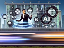 Marketer mit Tablet in einer minimalistisch gestalteten Matrix-Stadt, umgeben von leuchtenden KI-Datenströmen, holografischen Werbetafeln und Symbolen für KI, SEO und Automatisierung.