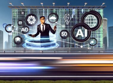 Marketer mit Tablet in einer minimalistisch gestalteten Matrix-Stadt, umgeben von leuchtenden KI-Datenströmen, holografischen Werbetafeln und Symbolen für KI, SEO und Automatisierung.