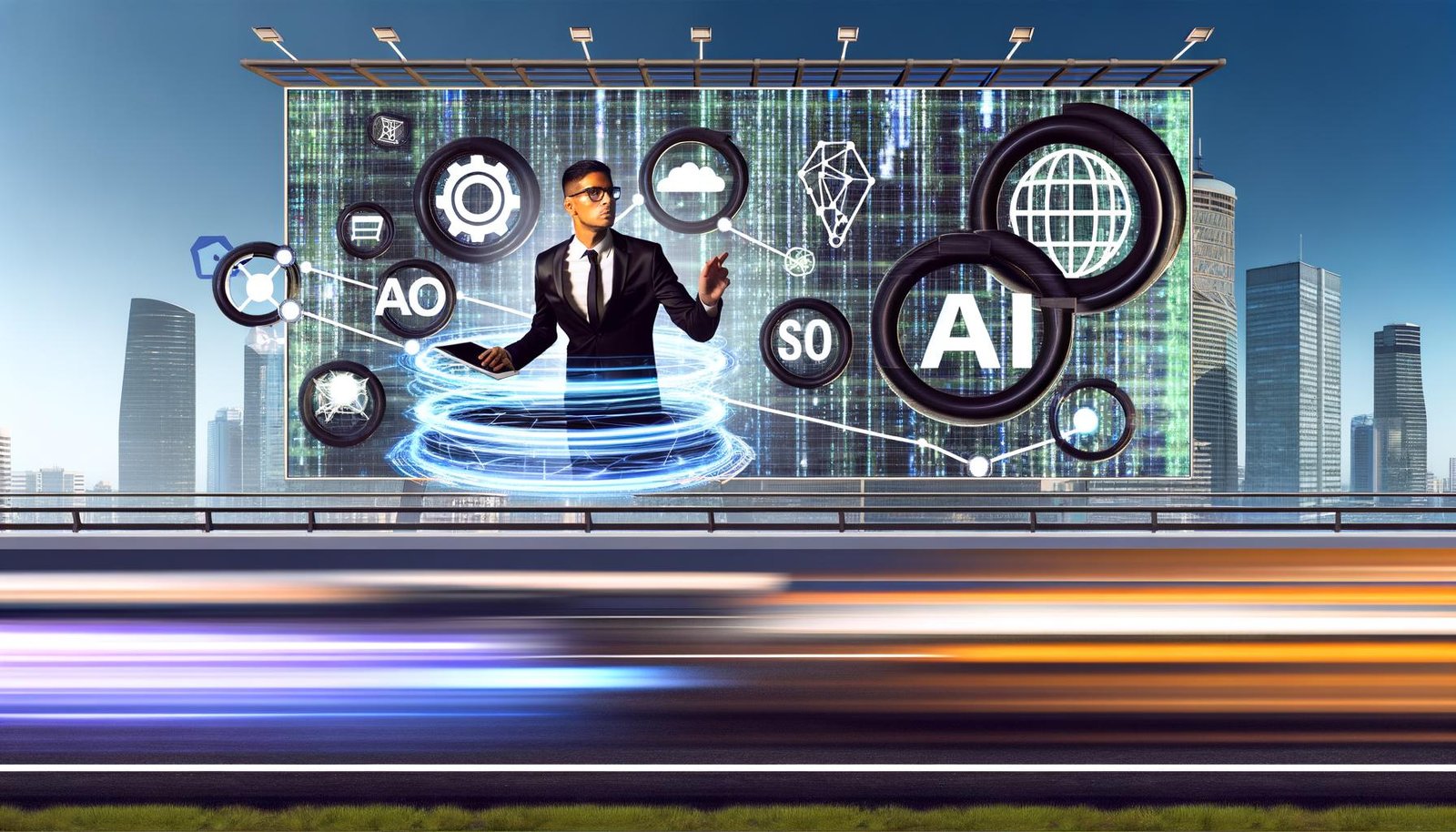 Marketer mit Tablet in einer minimalistisch gestalteten Matrix-Stadt, umgeben von leuchtenden KI-Datenströmen, holografischen Werbetafeln und Symbolen für KI, SEO und Automatisierung.