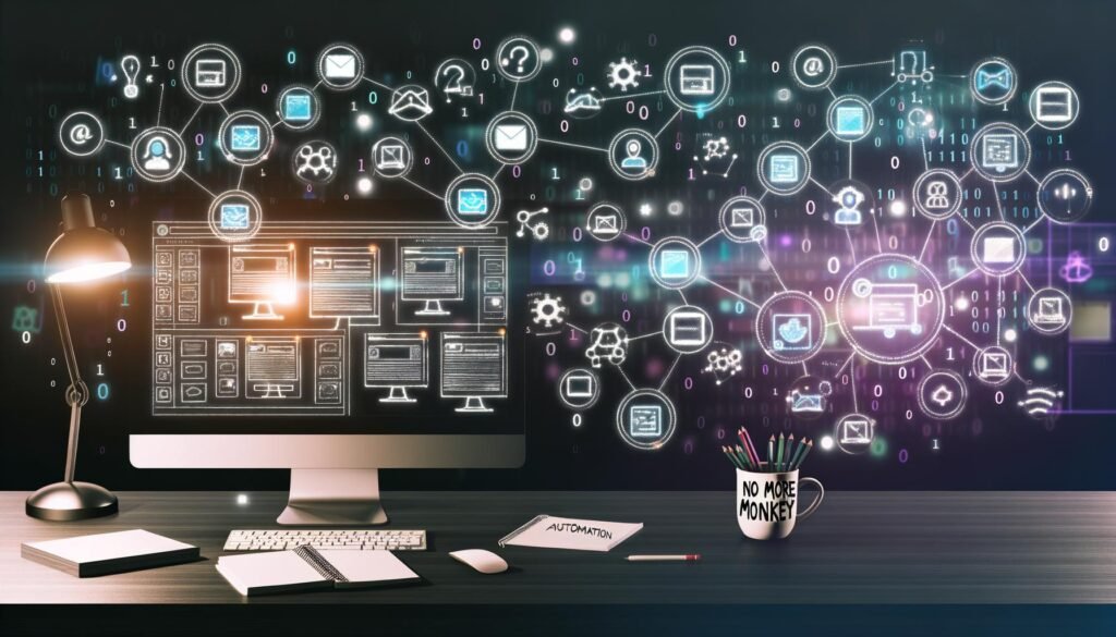 Digitales Büro bei Nacht mit mehreren Monitoren, die Automatisierungen zwischen Apps wie Zapier, Notion, GitHub und Google Analytics darstellen, sowie einem aufgeräumten Schreibtisch mit Notizen zur Workflow-Automatisierung.