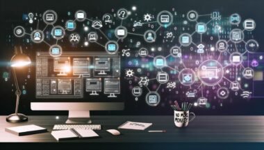 Digitales Büro bei Nacht mit mehreren Monitoren, die Automatisierungen zwischen Apps wie Zapier, Notion, GitHub und Google Analytics darstellen, sowie einem aufgeräumten Schreibtisch mit Notizen zur Workflow-Automatisierung.