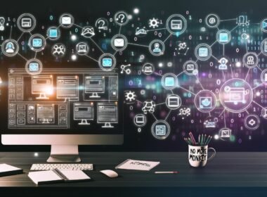 Digitales Büro bei Nacht mit mehreren Monitoren, die Automatisierungen zwischen Apps wie Zapier, Notion, GitHub und Google Analytics darstellen, sowie einem aufgeräumten Schreibtisch mit Notizen zur Workflow-Automatisierung.