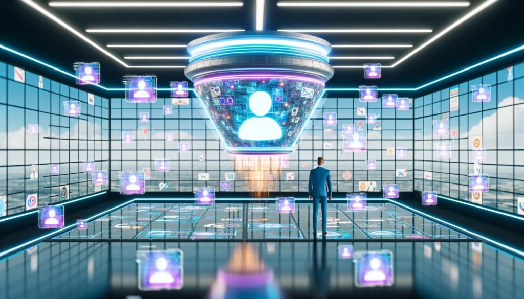 Futuristische Schaltzentrale mit schwebender KI-Plattform, fliegenden Datapoints, faszinierter Marketer und verblassenden Werbebannern in digitaler Neon-Optik.