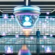 Futuristische Schaltzentrale mit schwebender KI-Plattform, fliegenden Datapoints, faszinierter Marketer und verblassenden Werbebannern in digitaler Neon-Optik.
