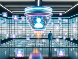 Futuristische Schaltzentrale mit schwebender KI-Plattform, fliegenden Datapoints, faszinierter Marketer und verblassenden Werbebannern in digitaler Neon-Optik.