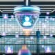 Futuristische Schaltzentrale mit schwebender KI-Plattform, fliegenden Datapoints, faszinierter Marketer und verblassenden Werbebannern in digitaler Neon-Optik.