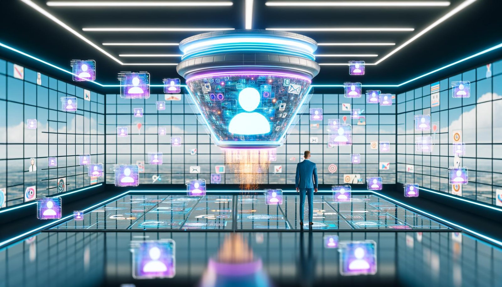 Futuristische Schaltzentrale mit schwebender KI-Plattform, fliegenden Datapoints, faszinierter Marketer und verblassenden Werbebannern in digitaler Neon-Optik.