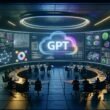 Hochmodernes War Room mit Analysten und Kreativköpfen vor großen, gebogenen Bildschirmen und schwebenden KI-Datenvisualisierungen, zentrales GPT-Logo.