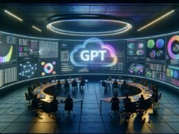 Hochmodernes War Room mit Analysten und Kreativköpfen vor großen, gebogenen Bildschirmen und schwebenden KI-Datenvisualisierungen, zentrales GPT-Logo.