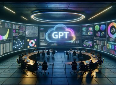 Hochmodernes War Room mit Analysten und Kreativköpfen vor großen, gebogenen Bildschirmen und schwebenden KI-Datenvisualisierungen, zentrales GPT-Logo.